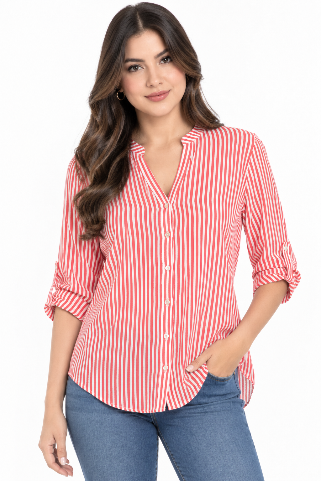 Blusa Estilizada a Rayas Verticales para Mujer con Cuello Mao y Manga Ajustable - Imagen 8