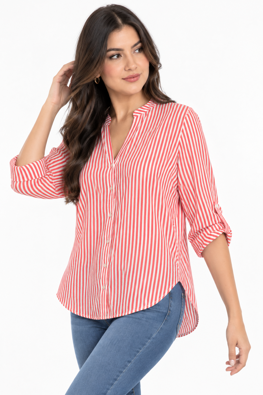 Blusa Estilizada a Rayas Verticales para Mujer con Cuello Mao y Manga Ajustable - Imagen 7