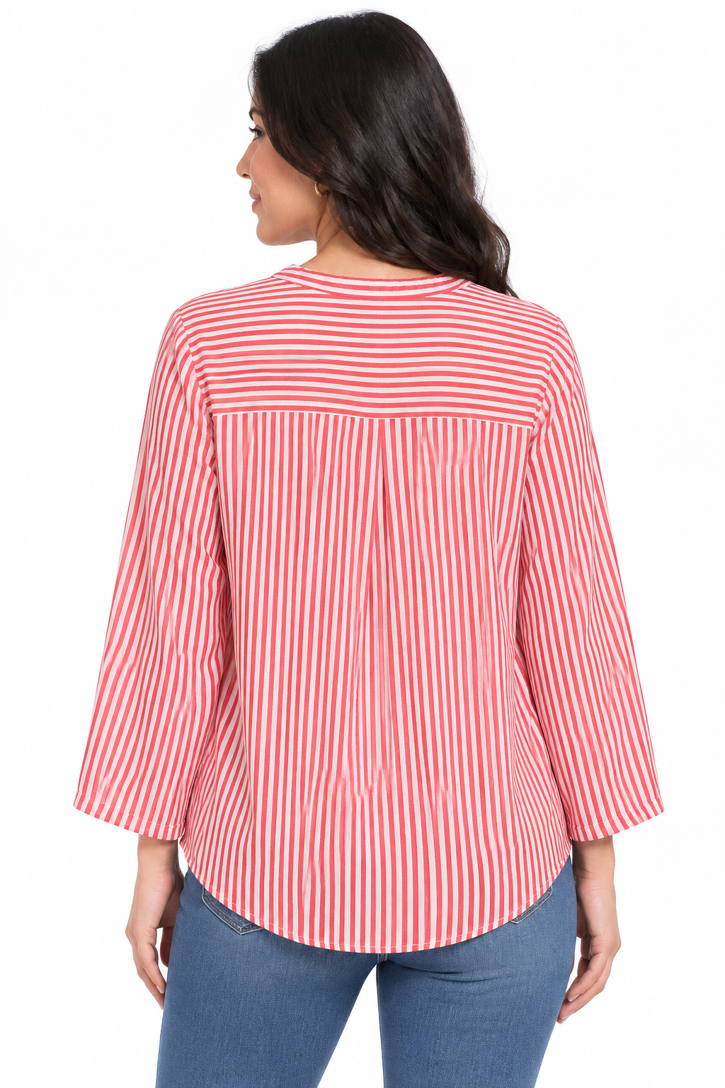 Blusa Estilizada a Rayas Verticales para Mujer con Cuello Mao y Manga Ajustable - Imagen 9