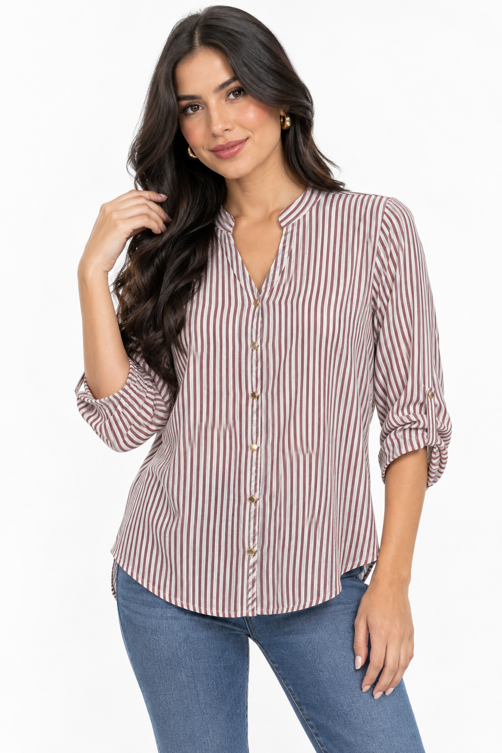 Blusa Estilizada a Rayas Verticales para Mujer con Cuello Mao y Manga Ajustable
