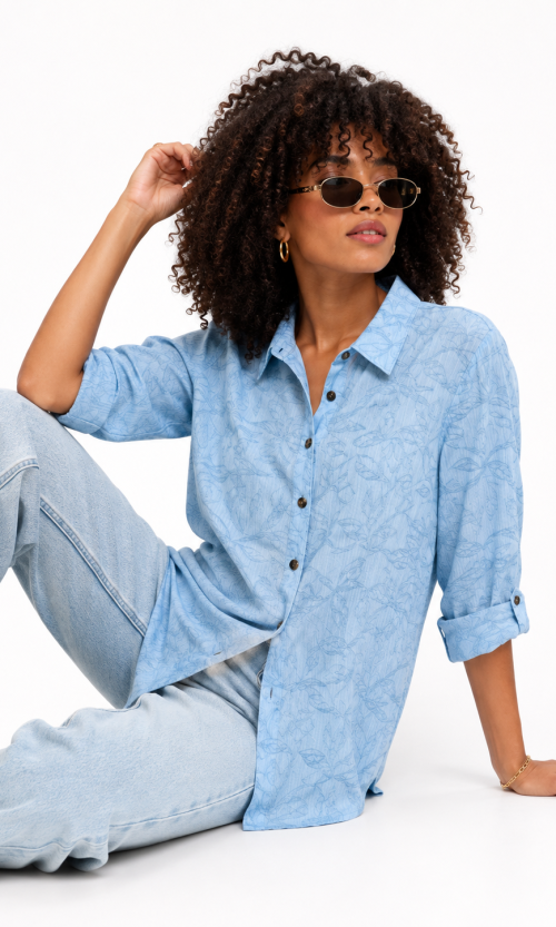 Camisa de Manga Larga Ajustable con Estampado Botánico Tonal