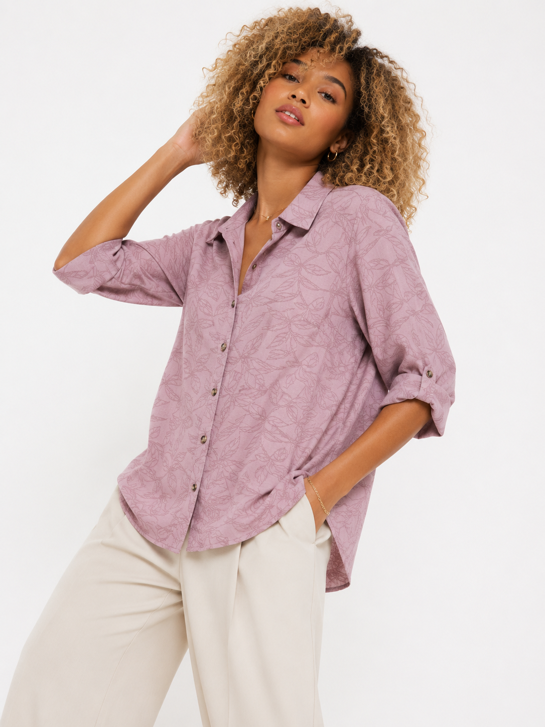 Camisa de Manga Larga Ajustable con Estampado Botánico Tonal - Imagen 5