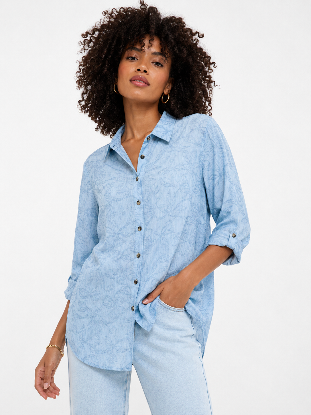 Camisa de Manga Larga Ajustable con Estampado Botánico Tonal - Imagen 2