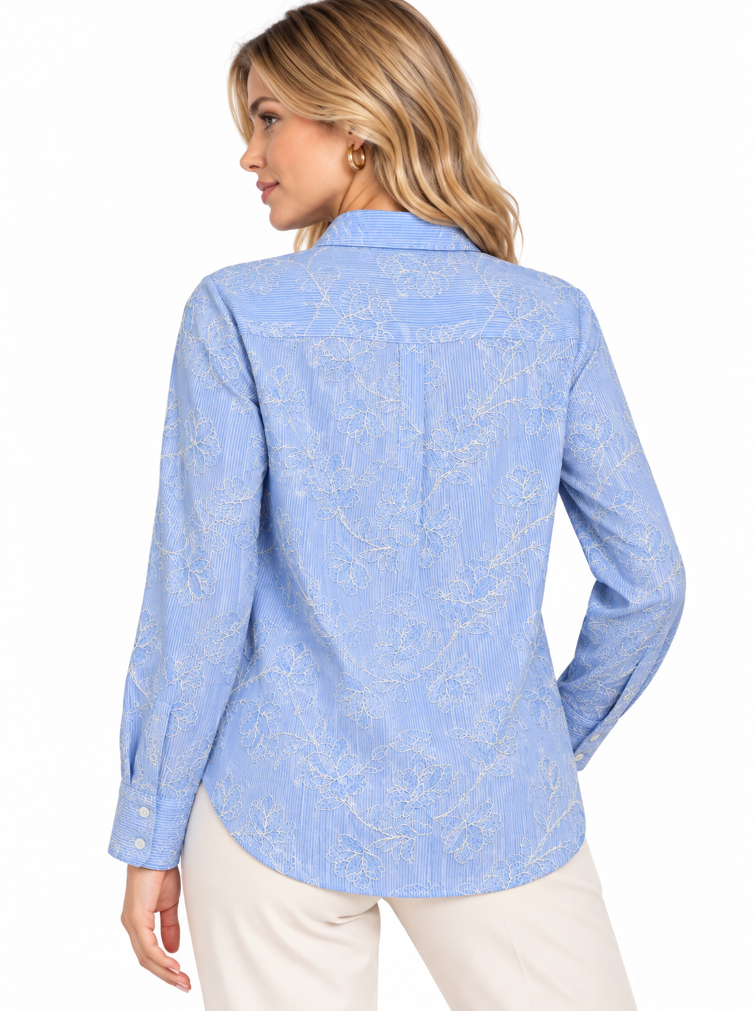 Camisa de Manga Larga a Rayas Delgadas con Bordado Floral - Imagen 3