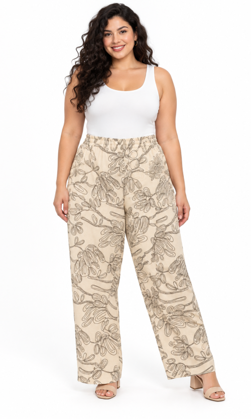 Pantalón de Bota Ancha Plus Size con Estampado Floral Lineal y Pretina Elástica
