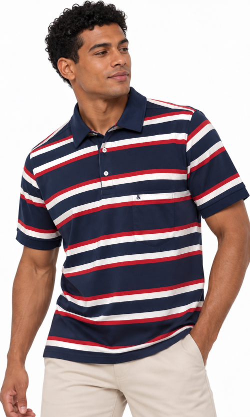 Camiseta Polo para Hombre a Rayas Horizontales con Bolsillo Frontal