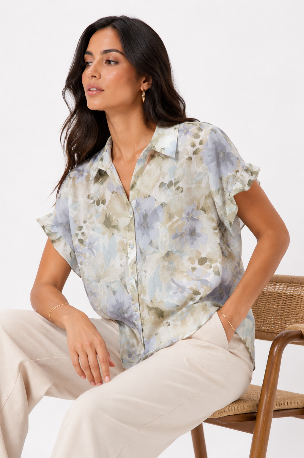 Camisa de Manga Corta con Estampado Floral Acuarela y Volantes en Mangas - Imagen 4