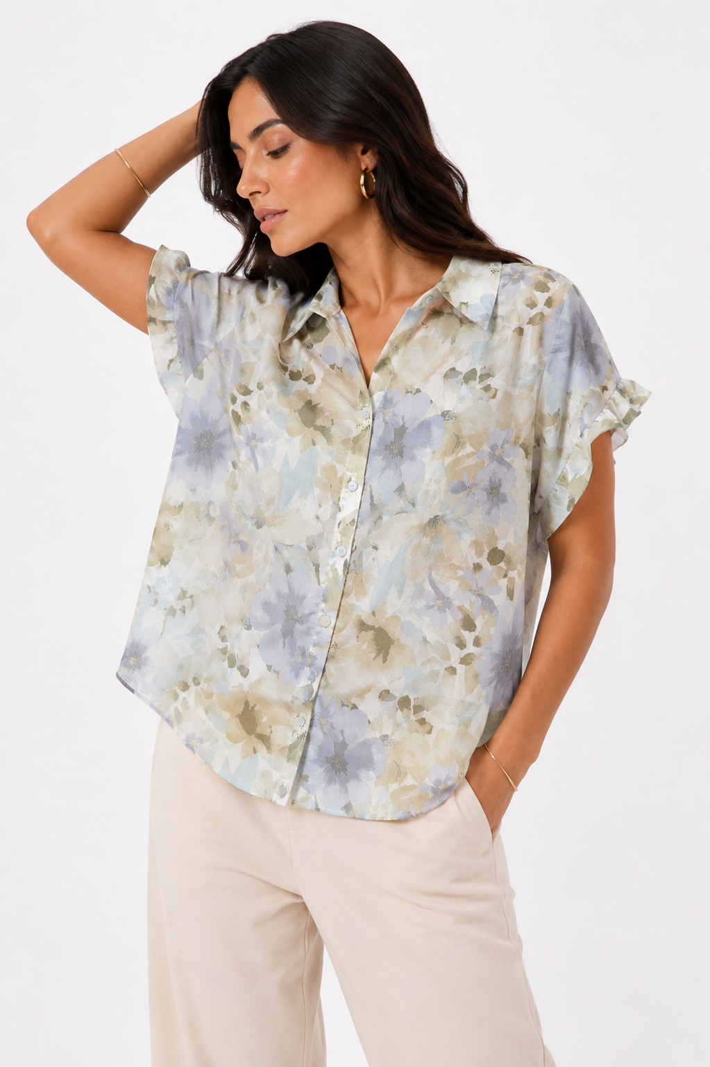 Camisa de Manga Corta con Estampado Floral Acuarela y Volantes en Mangas - Imagen 5