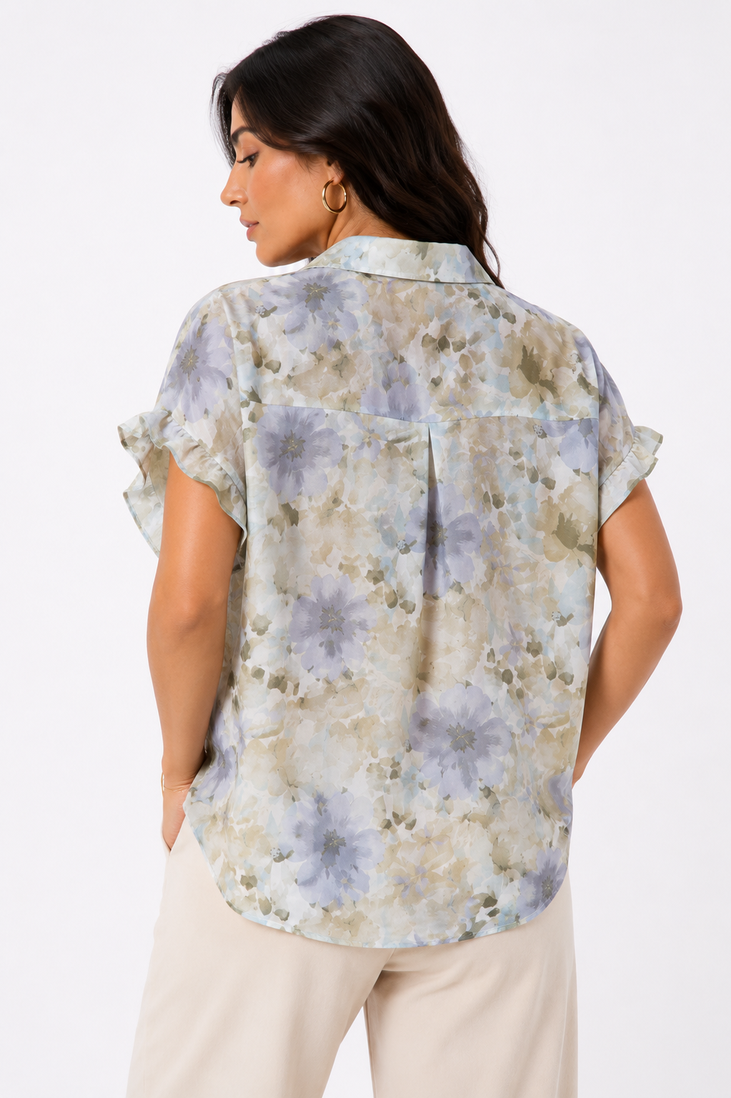 Camisa de Manga Corta con Estampado Floral Acuarela y Volantes en Mangas - Imagen 6