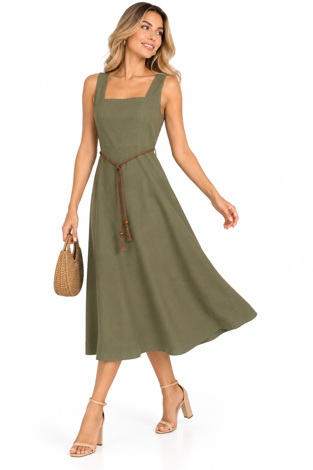 Vestido Midi Escote Cuadrado con Cinturón Trenzado - Imagen 2