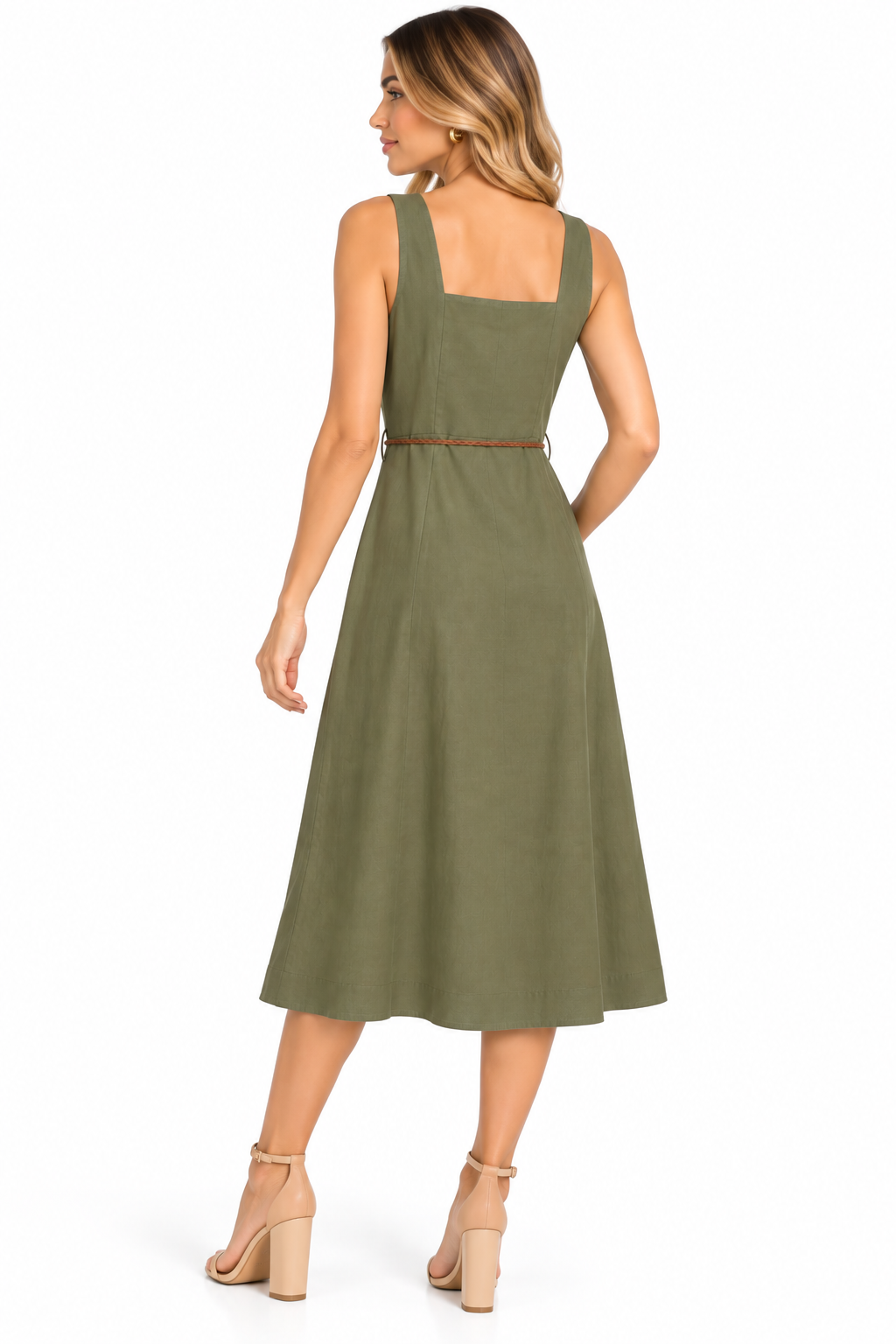 Vestido Midi Escote Cuadrado con Cinturón Trenzado - Imagen 3