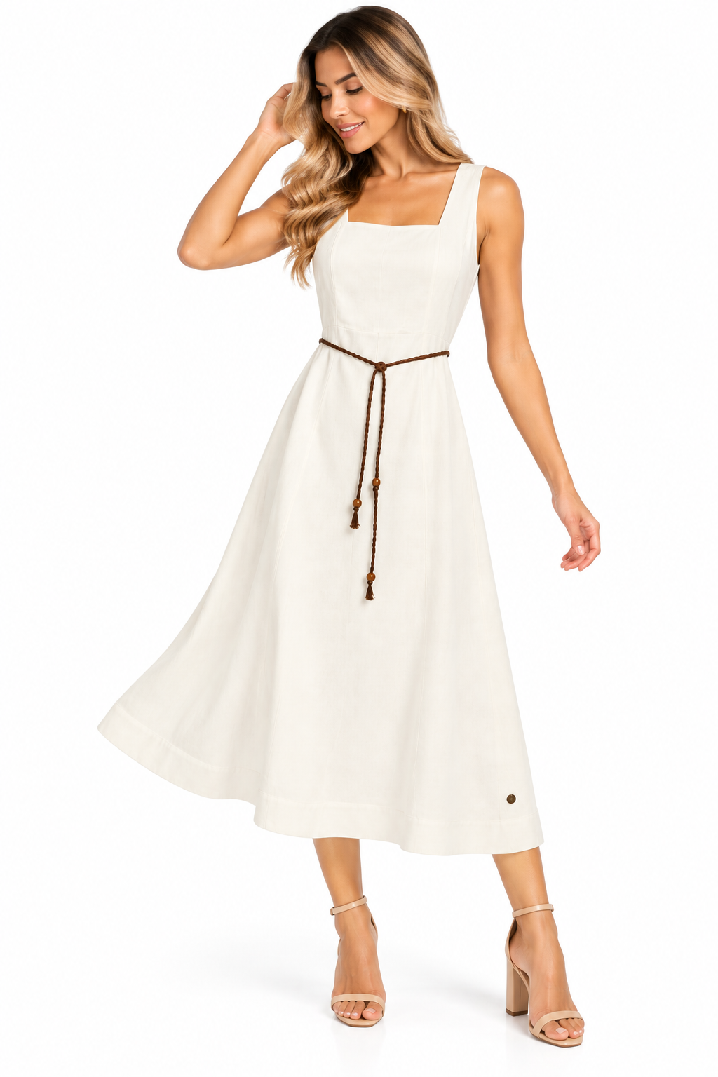 Vestido Midi Escote Cuadrado con Cinturón Trenzado - Imagen 7