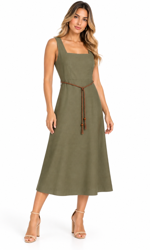 Vestido Midi Escote Cuadrado con Cinturón Trenzado