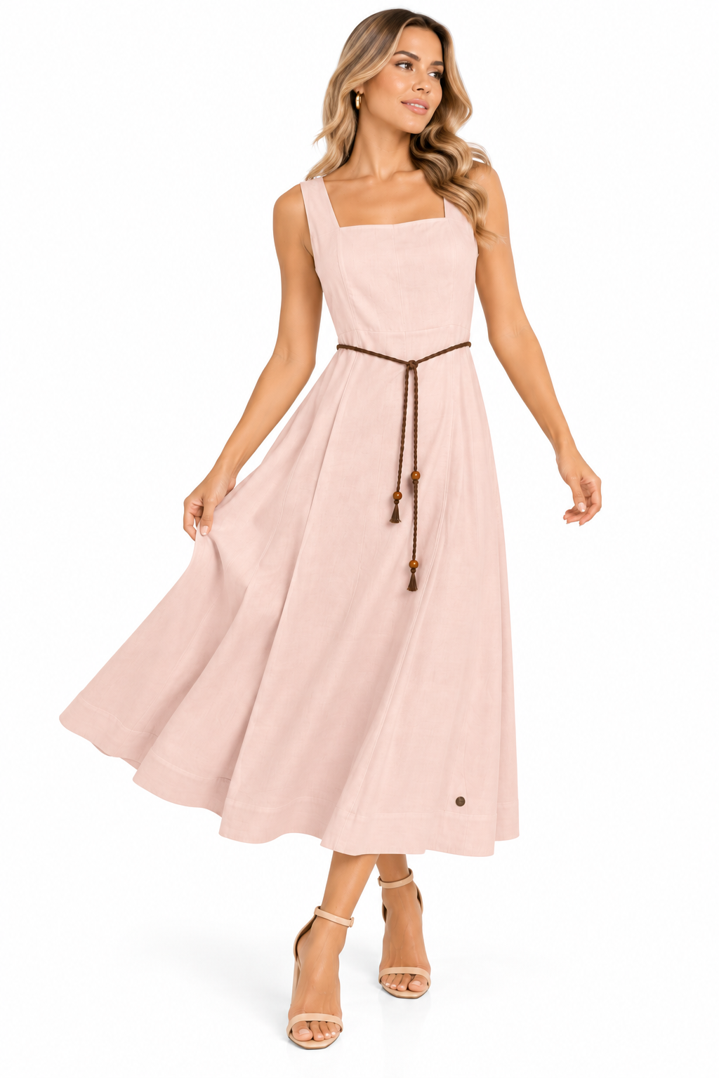 Vestido Midi Escote Cuadrado con Cinturón Trenzado - Imagen 5