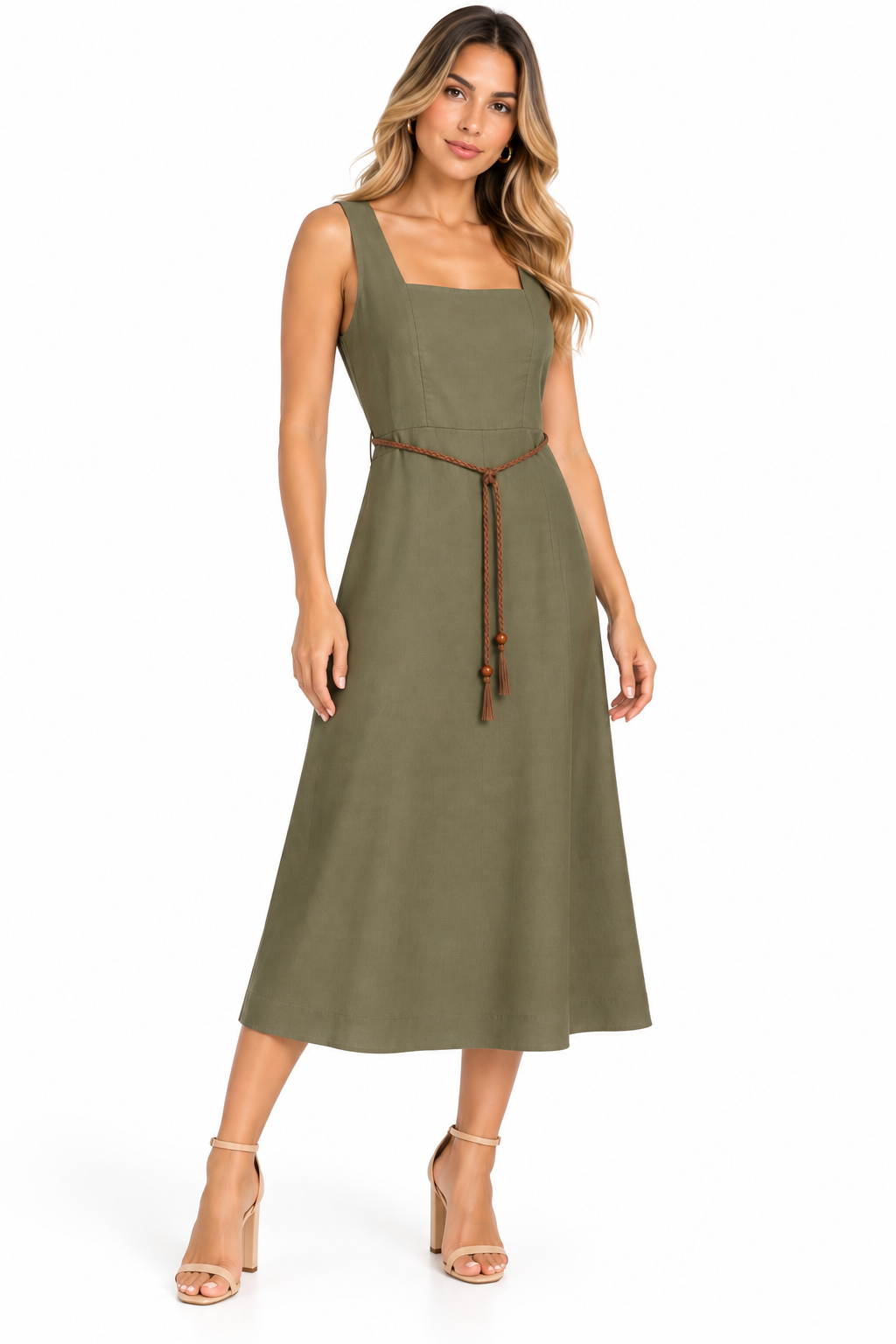 Vestido Midi Escote Cuadrado con Cinturón Trenzado