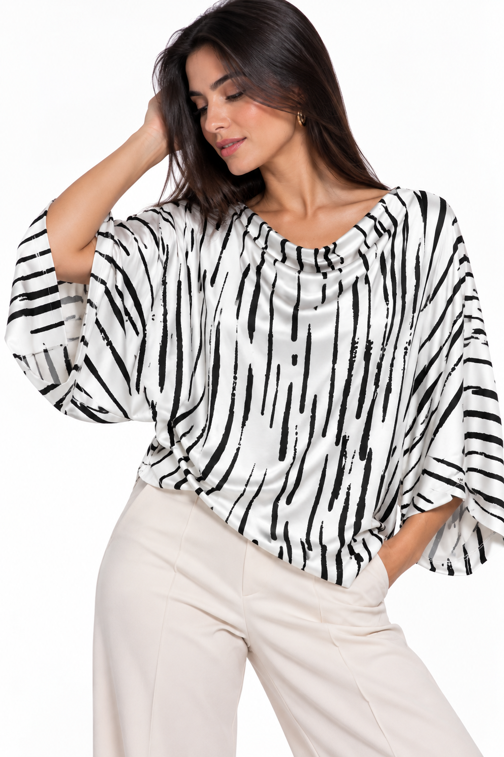 Camiseta Satinada Manga Murciélago con Estampado de Pinceladas y Cuello Hamaca - Imagen 2