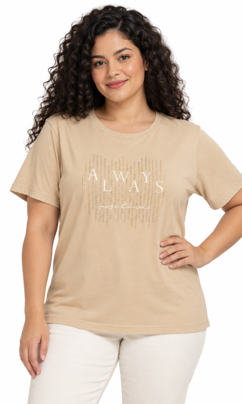 Camiseta Manga Corta Plus Size con Estampado y Brillos