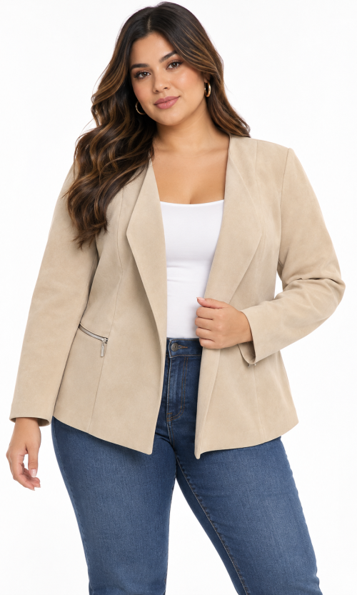 Chaqueta Blazer Plus Size en Gamuza Sintética con Solapa Abierta