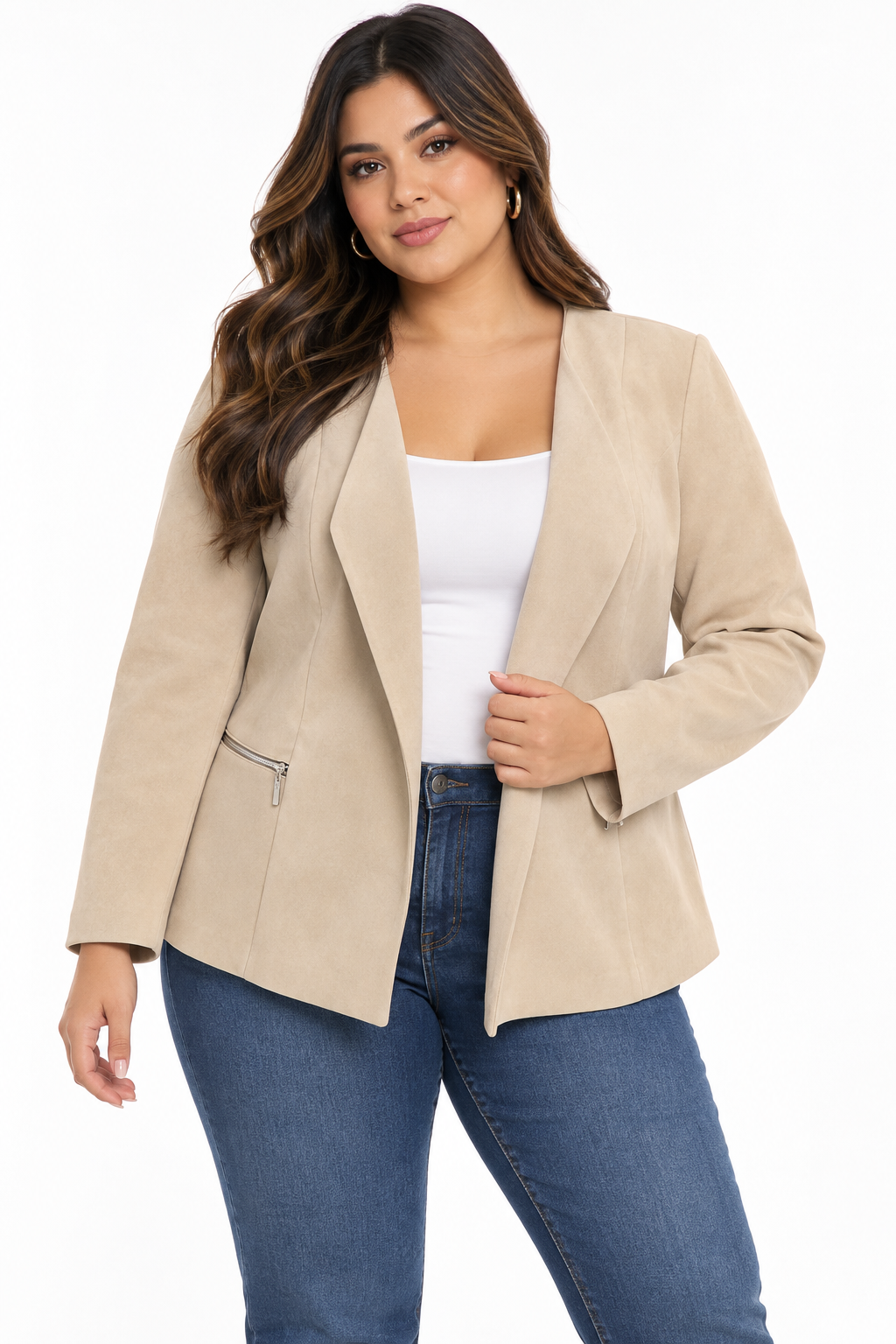 Chaqueta Blazer Plus Size en Gamuza Sintética con Solapa Abierta