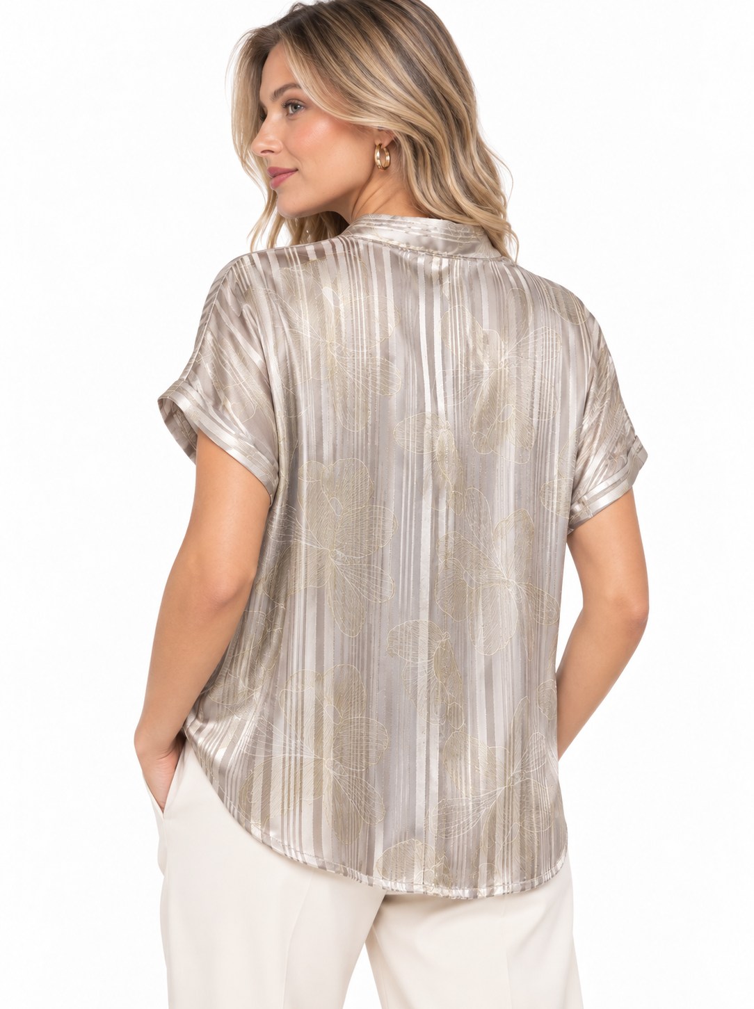 Blusa Satinada de Manga Corta con Rayas Texturizadas y Estampado Botánico - Imagen 6