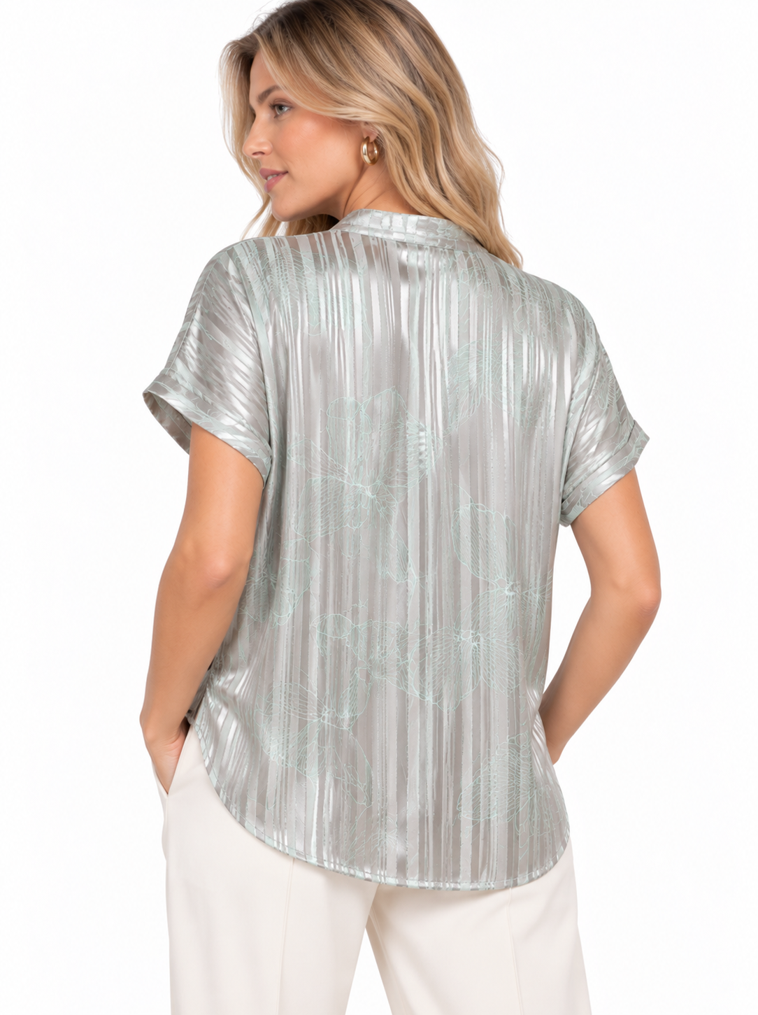 Blusa Satinada de Manga Corta con Rayas Texturizadas y Estampado Botánico - Imagen 3