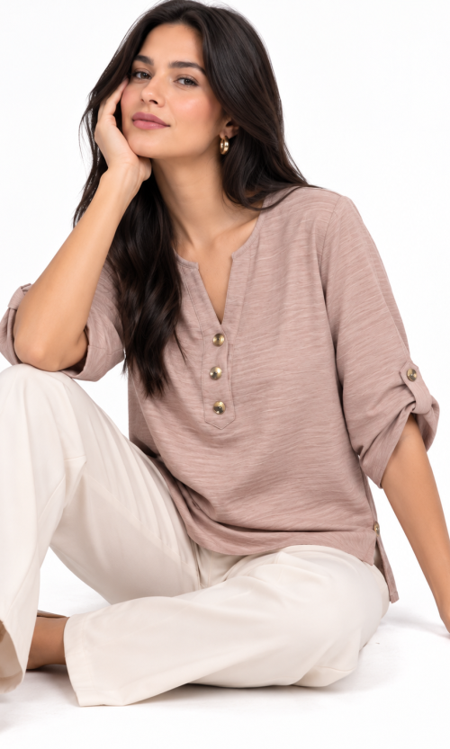 Blusa Tipo Túnica con Textura Flammé, Escote en V y Mangas Ajustables