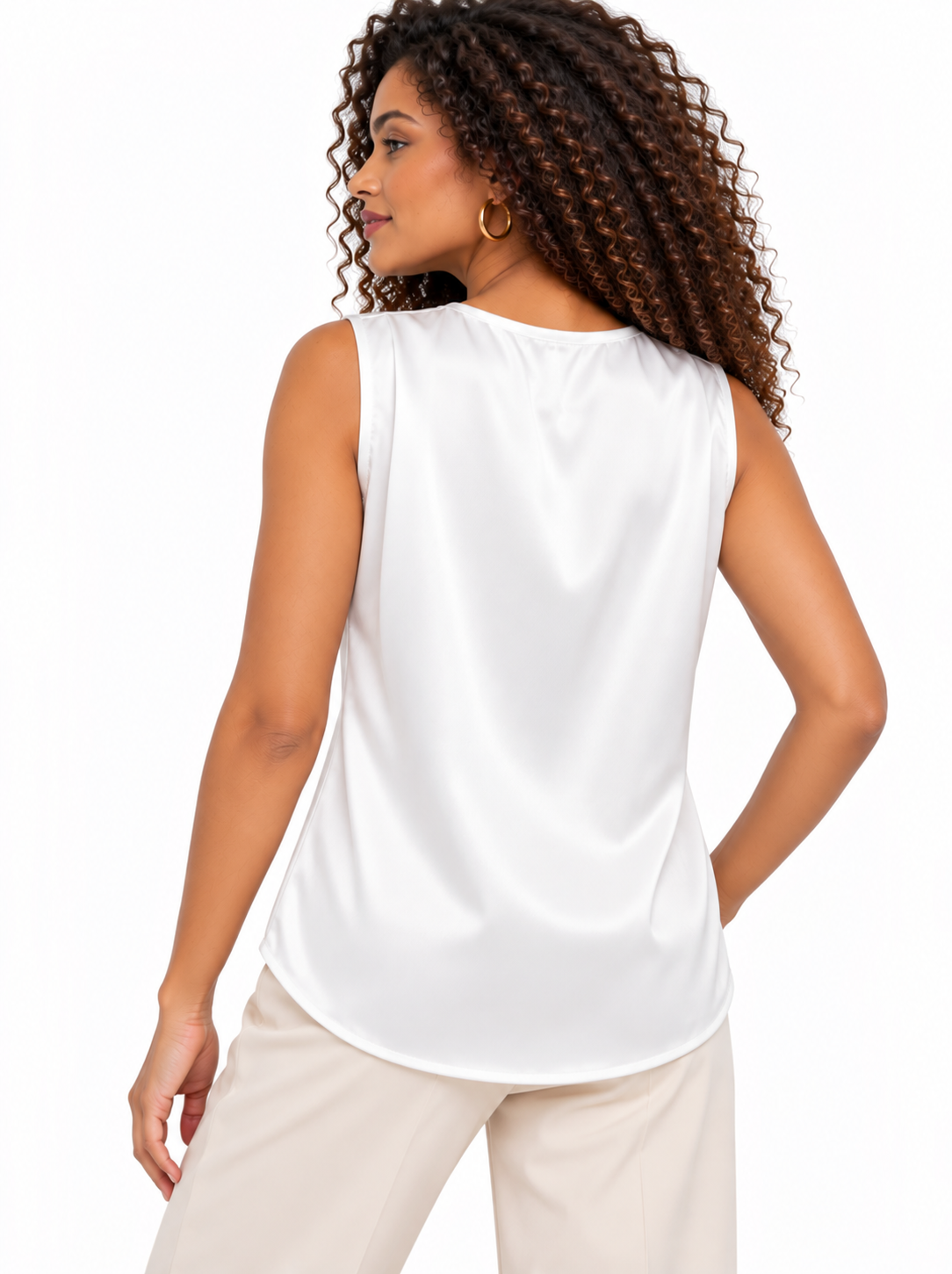 Blusa Satinada Sin Mangas con Escote en V y Alforzas - Imagen 6