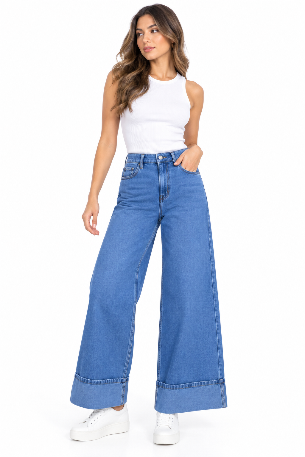 Jean Wide Leg de Tiro Alto con Bota Doblada Ancha - Imagen 5