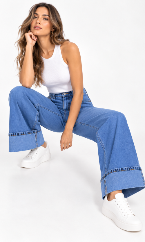 Jean Wide Leg de Tiro Alto con Bota Doblada Ancha