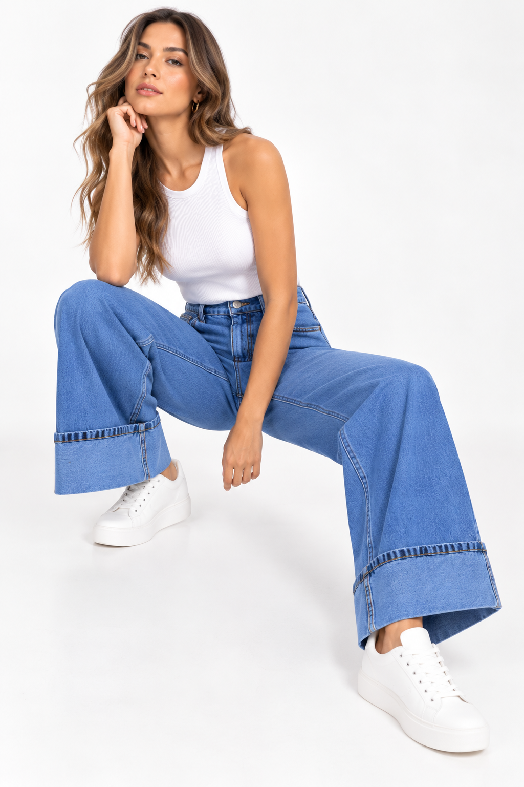 Jean Wide Leg de Tiro Alto con Bota Doblada Ancha - Imagen 4