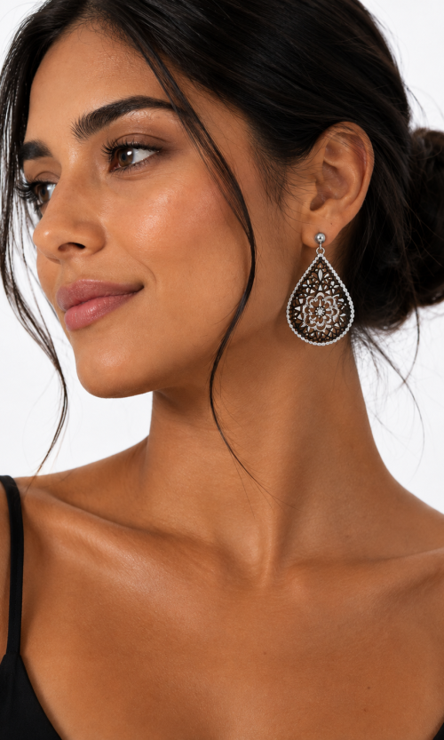 Aretes de Gota Calados con Diseño Arabesco Mandala