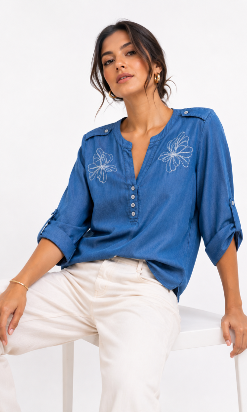 Blusa Tipo Camisa Manga Ajustable con Bordado Floral